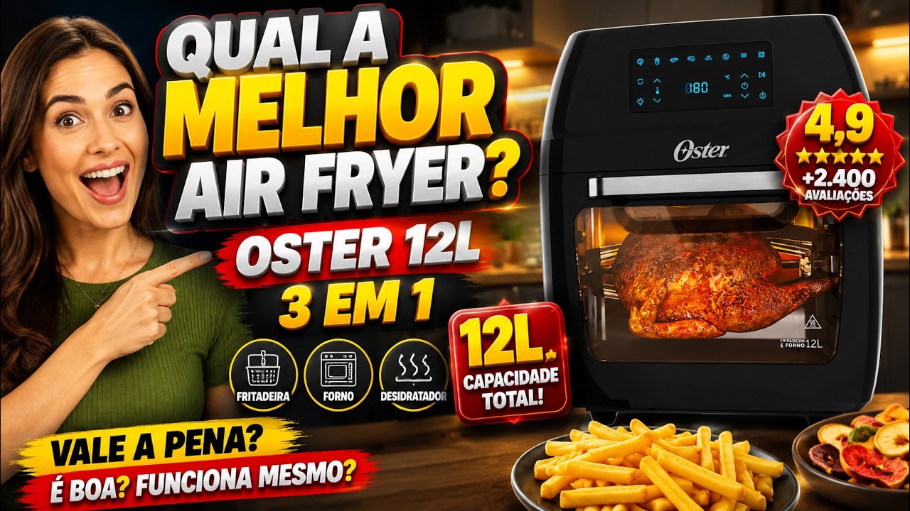Miniatura da avaliação em vídeo de Fritadeira Elétrica Oster 12L Oven Fryer 3 Em 1
