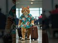 A cat at an airport wearing a Hawaiian shirt, dragging a suitcase, heading on vacation