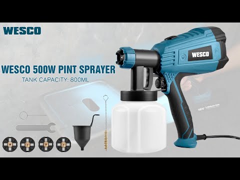 Paint Sprayer, WESCO 500W Electric Paint Spray Gun with 3 Nozzles(1.5/1.8/2.0mm), 800ml/min Max Air Volume Flow, 80 DIN-s, 800 ml Paint Container for Wall Varnishes, Glazes and Fence Spray/WS5585