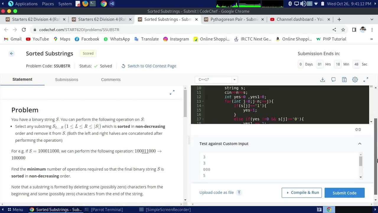 Sorted Substrings || Code chef solution