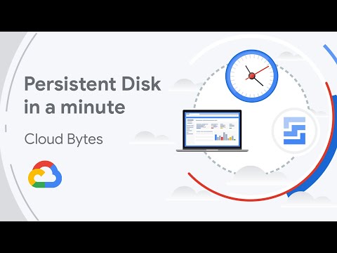 Page de titre de la vidéo &quot;Une minute pour découvrir Persistent Disk&quot; avec des illustrations représentant un ordinateur portable, une horloge et une icône de disque persistant.