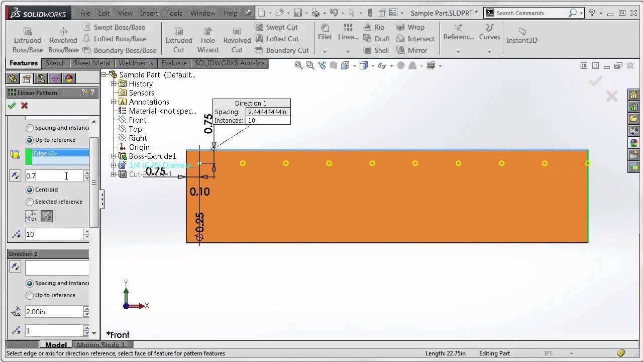 SOLIDWORKS Tutorial: Equal Spacing for Linear Patterns
