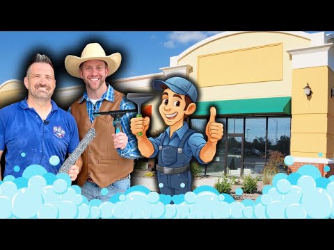 Two smiling tradespeople stand in front of a yellow storefront, beside a cartoon handyman giving a thumbs up, with blue bubbly foreground shapes suggesting cleaning or maintenance.