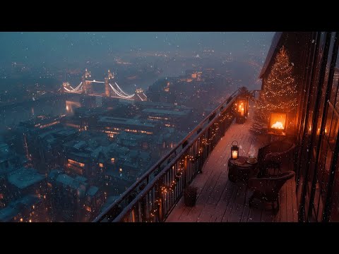 Winter Night Jazz in London ❄️ Balcony Cafe Ambience with Relaxing Jazz Piano & Fireplace for Work