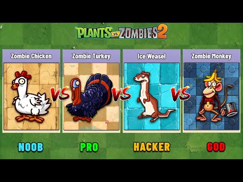 PVZ 2 - Monkey Zombie VS Chicken Zombie VS Ice Weasel VS Zombie Turkey Level 100 - Who Will Win?