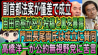 【日本保守党】百田尚樹が怒りの投稿！副首都法案が僅差で成立！安野貴博の賛成で！門田長尾両氏は賛同／高橋洋一が公約無視野党に苦言