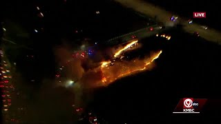 Large fire burning in the parking lot near Arrowhead Stadium