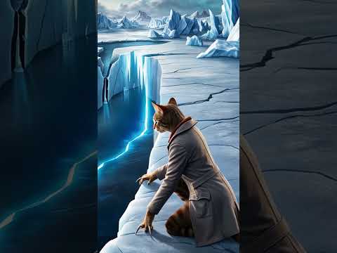 A humanoid cat ice sculpture discovers a legendary glowing core beneath a glacier#youtubeshorts #cat