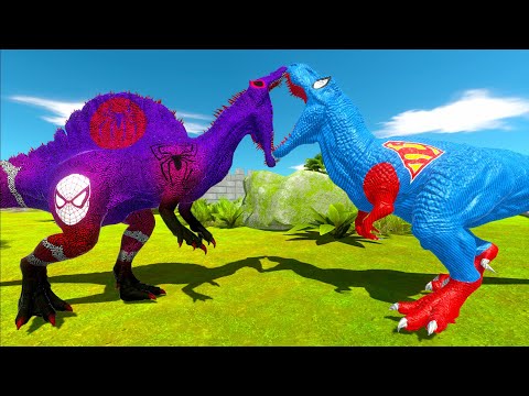 SPIDERMAN SPINOSAURUS vs SUPERMAN T-REX CASTLE DEATH RUN - Animal Revolt Battle Simulator
