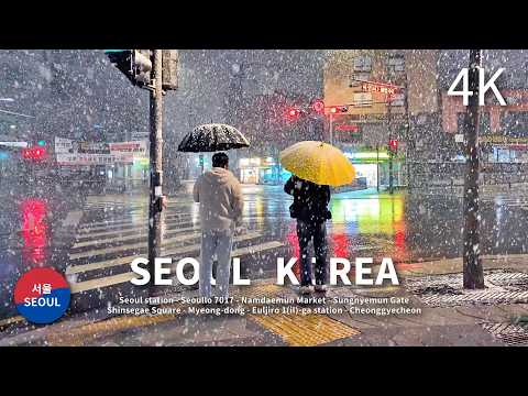 Heavy Snow Night Walk in Seoul, Korea 4K | 3 hours
