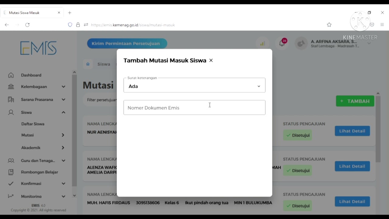 Mutasi Masuk Antar Madrasah Melalui Nomor Dokumen Emis pada Emis 4.0