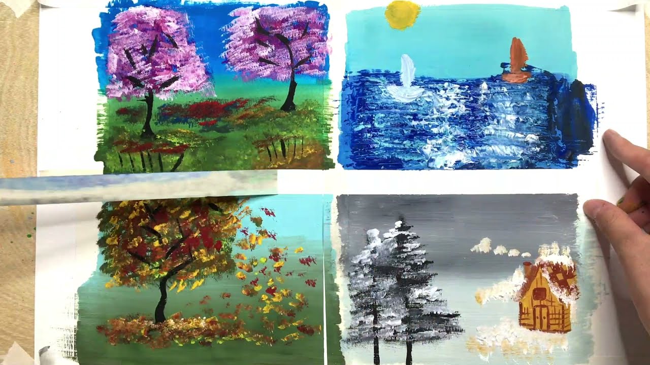 Four seasons scenery in spring, summer, autumn and winter | How to quickly and easily learn gouache
