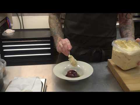 Delicious BLUEBERRY dessert preparation at 1 Michelin star restaurant Substans in Aarhus, Denmark