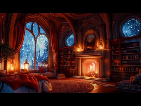 Nighttime Thunderstorm Haven - Rain and Fireplace Sounds - Castle Ambience
