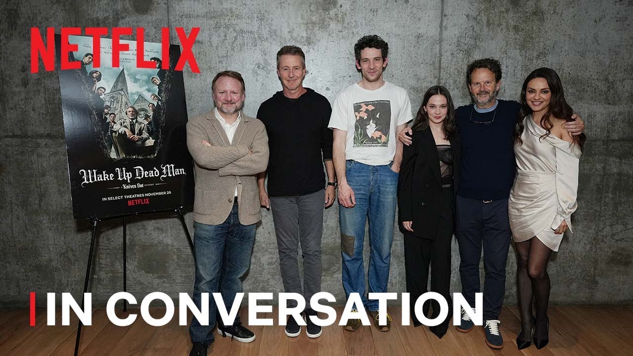 Edward Norton with Rian Johnson, and Josh O'Connor on Making Wake Up Dead Man video thumbnail