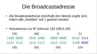 Alternativnotation der Subnetzmaske, Netzadresse, Broadcastadresse und Netzgröße