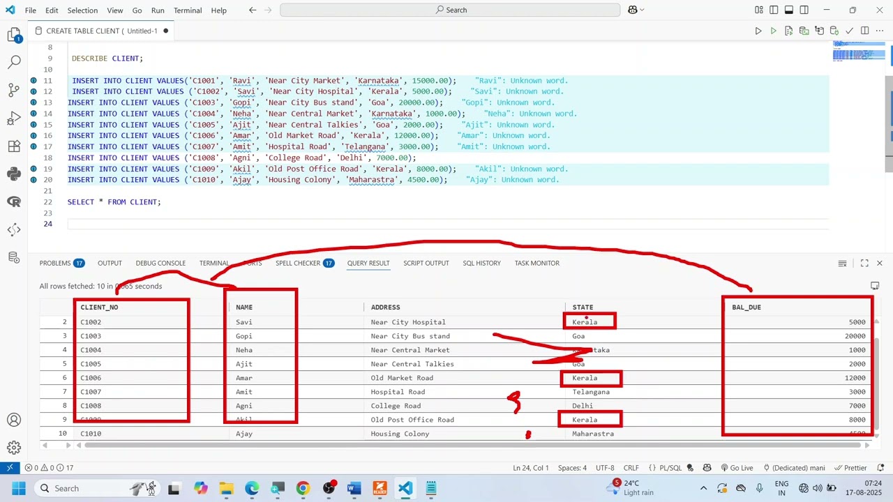 III SEM BCA SEP - DBMS Lab - A2 - Create a table CLIENT using SQL command and run queries on it.