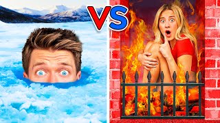 Extreme Hot vs Cold Hide and Seek Challenge! Last Girl To Survive Fire &amp; Icy Pool for 24 Hours Wins