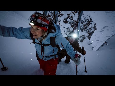 The ladies are back: skiing a steep, dark, icy chute with lots of cliffs. In a snow storm. || NOKep5