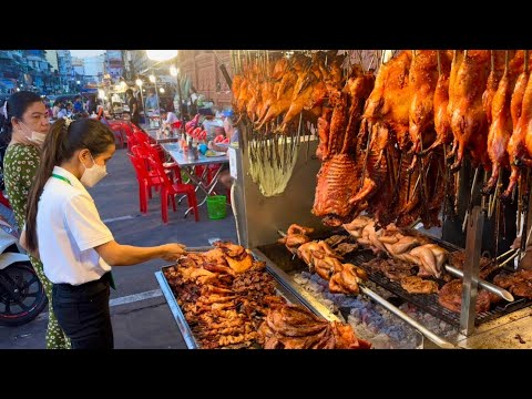 Popular Cambodian street food tour | Tasty Roasted Duck, Chicken Grilled Pork in Phnom Penh