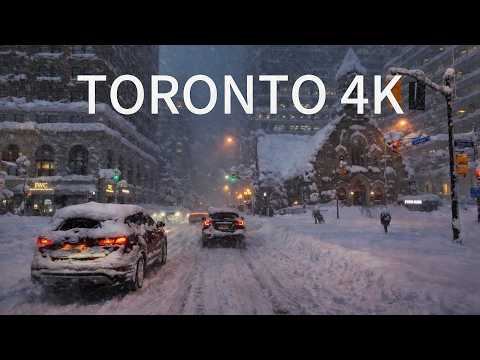 Driving Downtown - Night Snowfall Drive in Toronto - Crazy Winter Storm - Canada 4K