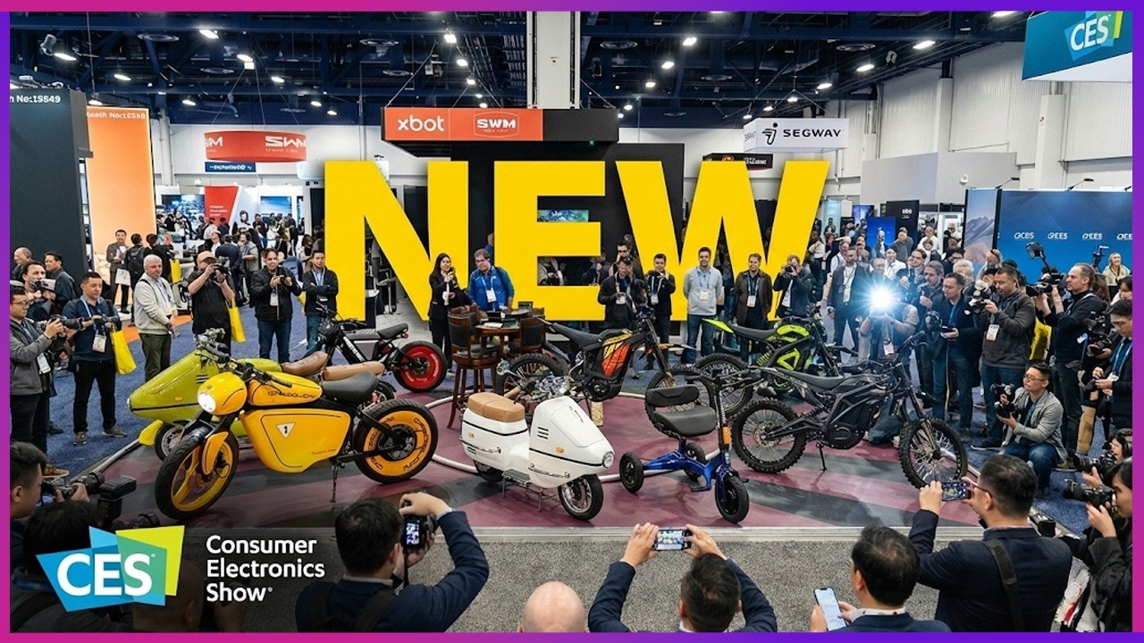 Electric motorcycles and scooters on display at the CES 2026 show floor including the Novos light bike