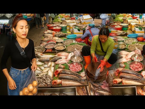 Cambodian Fresh Food Market Morning. Daily Food, Vegetables, Fish, Meat and Mixed Foods.