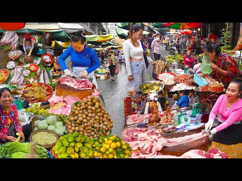 Cambodian Big Market In Phnom Penh - Routine Food lifestyle - Fruits, Fishes, Raw Meat, &More