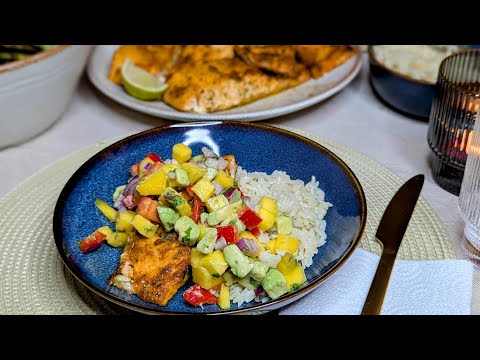 Easy food to make at home for dinner. Baked salmon with coconut rice & avocado -mango salsa
