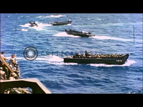 US Marines head towards Eniwetok Atoll in landing crafts  during World War II. HD Stock Footage