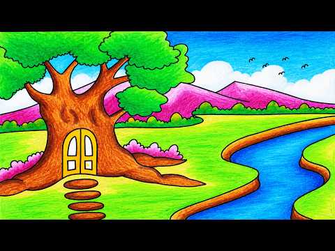 How To Draw Easy Scenery | Drawing Scenery Of a Tree House by The River With Oil Pastel