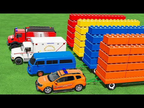 TRANSPORT of COLORS! LEGO BRICK TRANSPORT w/ FIRE TRUCK, AMBULANCE, POLICE CAR! Farming Simulator 22