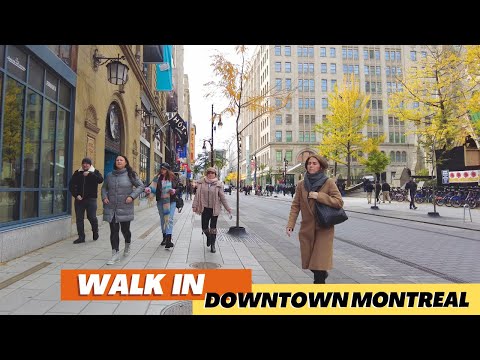 Caminhe no centro de Montreal: René-Lévesque Blvd., Sainte-Catherine Street e Peel Street em 4K!
