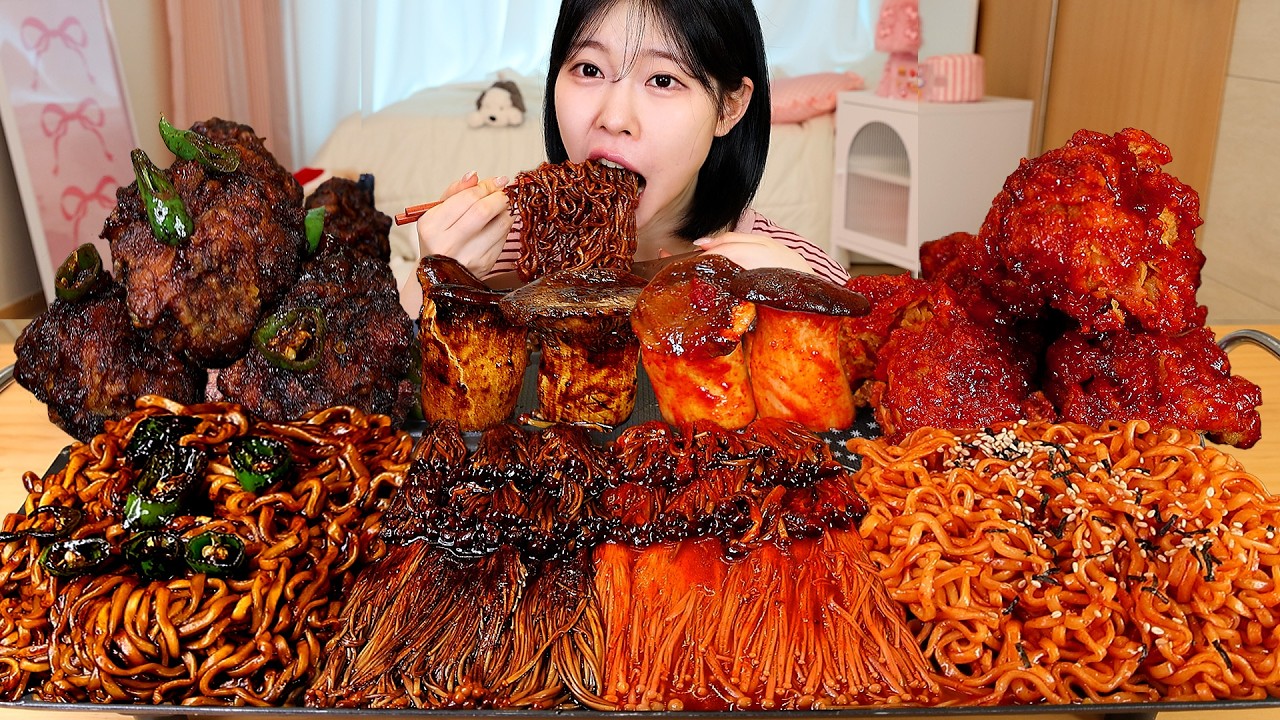 ASMR MUKBANG| 직접 만든 불닭 짜장 팽이버섯 양념치킨 소세지 먹방 & 레시피 SPICY MUSHROOMS AND FIRE NOODLES EATING