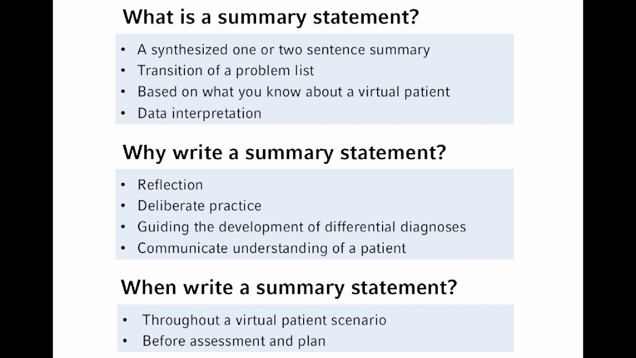 How to write a Summary Statement about a virtual patient
