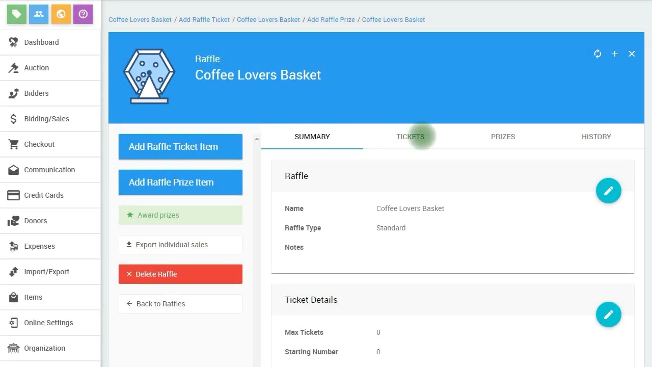 Auctria: Raffles set-up, sell, award prizes