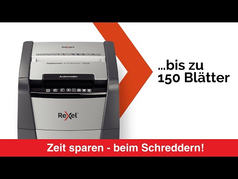 Artikelvideo 1 für AKTION: Rexel Optimum AutoFeed+150X Aktenvernichter mit Partikelschnitt P-4, 4 x 28 mm, bis 150 Blatt, schwarz mit 40 Euro CashBack, Artikelnummer 267514