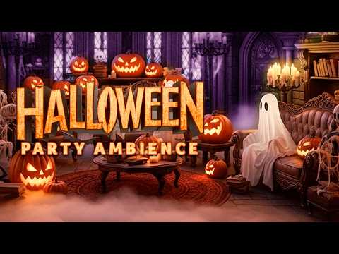 Halloween Party Background 🎃  Spooky Castle Ambience 👻 Funny Ghosts | Thunder & Rain + Fireplace