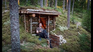 Building My BEST DUGOUT EVER - ALONE into Wild Forest - Bushcraft Moss PILLOW - Badger Came - 4K