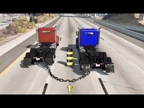 Chained Cars vs Bollards - BeamNG.Drive