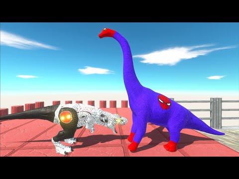 WHITE SPIDERMAN T-REX VS SUPERMAN BRACHIOSAURUS DEATH FALL - Animal Revolt Battle Simulator