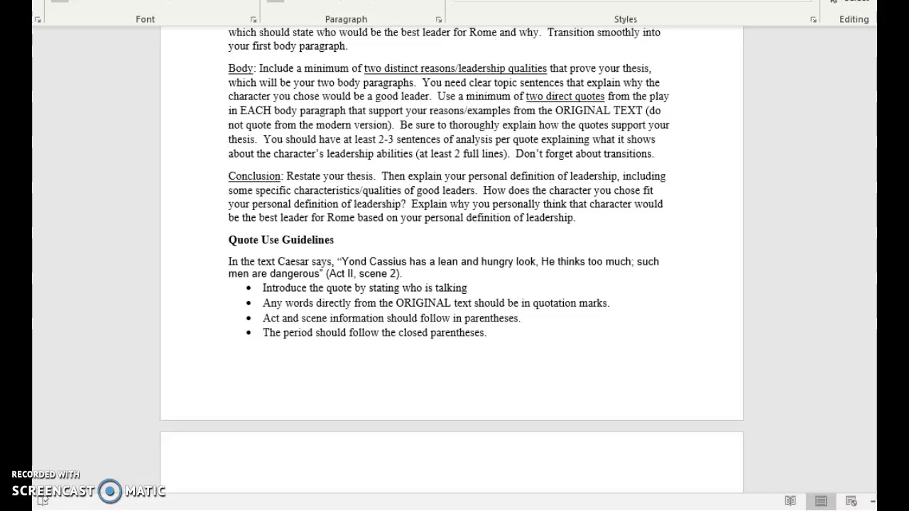 Julius Caesar Short Essay Assignment & Rubric