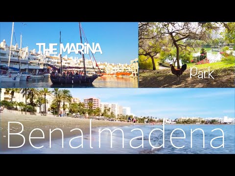 Benalmadena walking tour beach, strip, marina, park, Costa Del Sol Spain Malaga Espanja