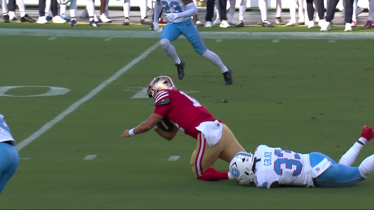 Kurtis Rourke ducks out of a would-be sack to move chains for 49ers on fourth down