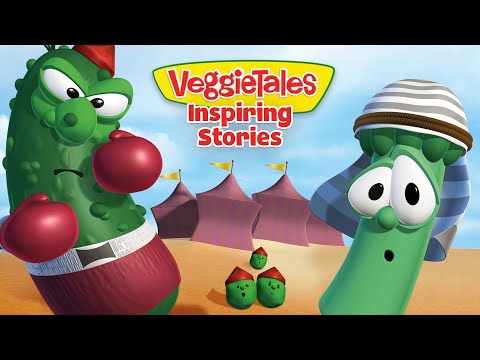 Cartoon VeggieTales cover with two characters in boxing poses, a green cucumber fighter on the left and a tall bean on the right wearing a striped hat; desert-style background with tents and small peas in the foreground; title reads 'VeggieTales Inspiring Stories'