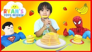 Family Fun Game Pancake Pile Up Spiderman Superman Egg Surprise Toys Kids Video Ryan ToysReview