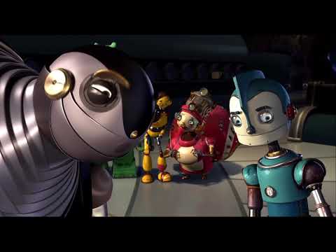 Robots (2005) official trailer still: Rodney Copperbottom arriving in gleaming Robot City