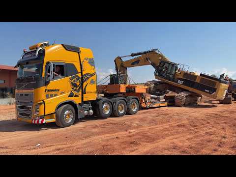 Transporting the Mighty CAT 385C Excavator with Volvo FH16 750 & Goldhofer Trailer – Fasoulas Team