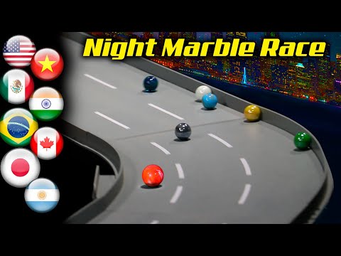 Night marble race with country marbles in Glasscar track