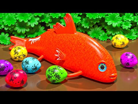 Three Colorful Koi Fish Hunting For Treasure - Catfish, Koi, Eel, Giant crab 💕 Stop Motion ASMR
